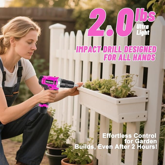 12V Pink Drill Driver Set, Women's Lightweight, 2 Batteries + Fast Charger, 2-Speed, 3/8" Keyless Chuck, 25 Torque Settings, LED for Metal/Wood DIY