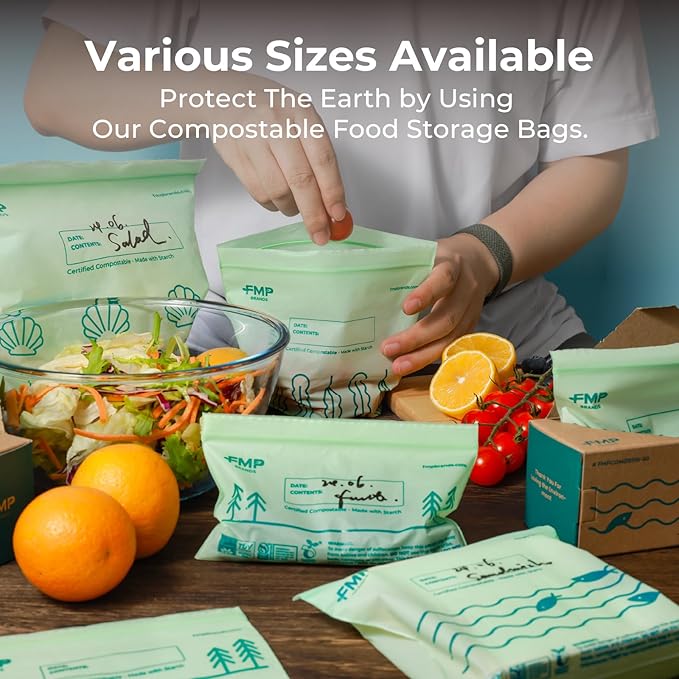Fit Meal Prep 50 Pack 100% Compostable Snack Bags, 6.5 x 4.1" Resealable Food Storage Bags Snack Size, Plant-Based Freezer Bags for Food, ASTM D6400, US BPI & EU OK Compost Certified