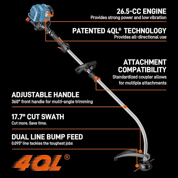 SENIX 4QL 26.5 cc Gas Weed Wacker, GTC4QL-L String Trimmer and Edger Lawn Tool with Curved Shaft, Front D-Handle, Bump Feed, 17 Inch Cutting Width