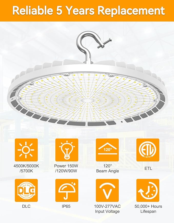 High Bay LED Lights UL DLC Listed Adjustable 150W/120W/90W 4500K/5000K/5700K Dimmable UFO LED Shop Light for Gym Factory Warehouse