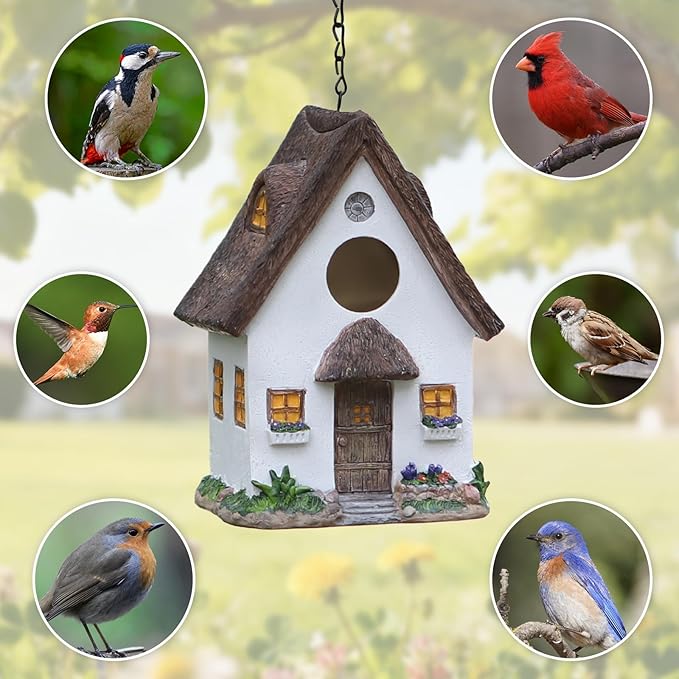 Rustic Cottage Birdhouse with Thatch Roof – Hand-Painted Resin Outdoor Bird House for Small Birds, Weatherproof Garden Decor for Backyard or Patio