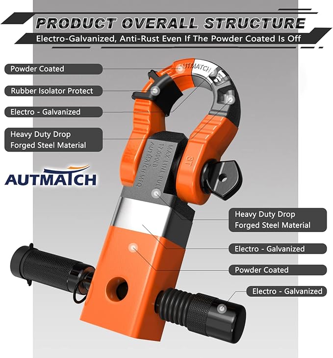 AUTMATCH Shackle Hitch Receiver 2" with 3/4" Mega D Ring Shackle and 5/8" Trailer Hitch Lock Pin, 68,000 Lbs Break Strength Heavy Duty Receiver Towing Kit for Off-Road Vehicle Recovery, Orange