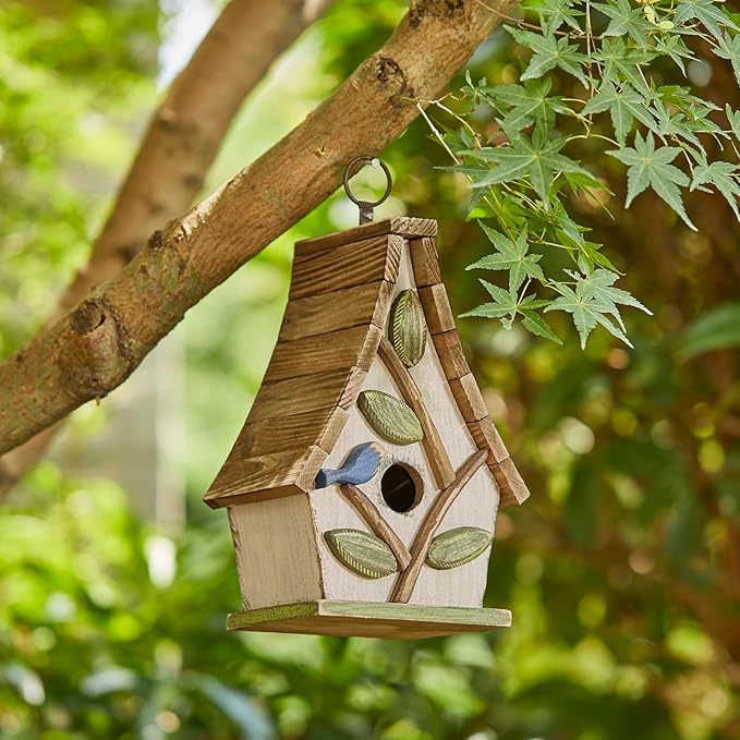 Glitzhome Bird Houses for Outside, 9.5" H Hanging Bird House Distressed Solid Wood Decorative Garden Birdhouse for Outdoors with Natural Wood Pallet Roof and 3D Tree,Washed White
