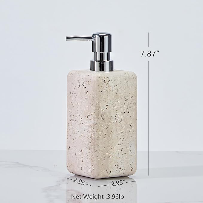 Ivory Travertine Soap Pump, Refillable Bathroom Liquid Dispenser with Stainless Steel Pump, Natural Organic Stone Hand Lotion Dispenser, Pump Bottle Dispenser for Bathroom and Kitchen Countertop
