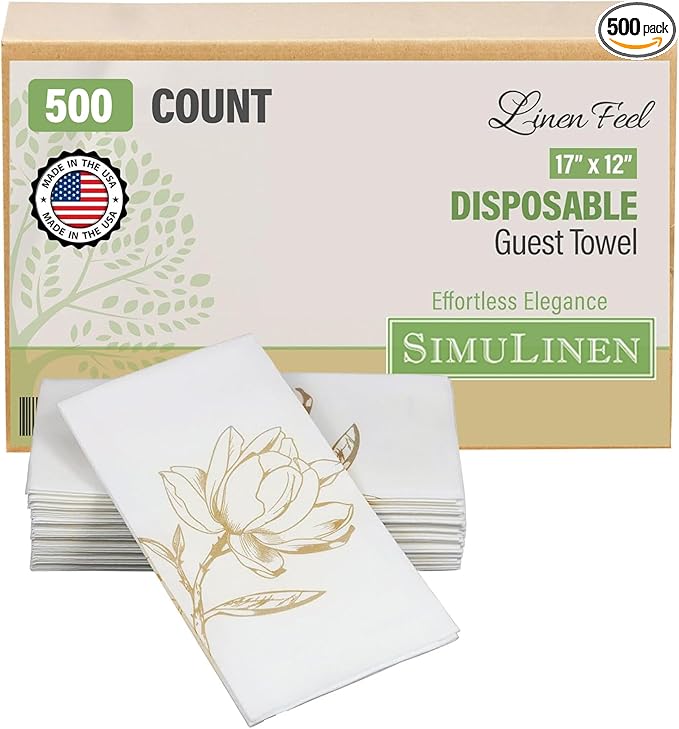 SimuLinen Gold Magnolia - Disposable Paper Towels for Bathroom, Guest Hand Towels, Folded Paper Towels Kosher Single-Use - Size 12x17" - 500ct (Made in USA)
