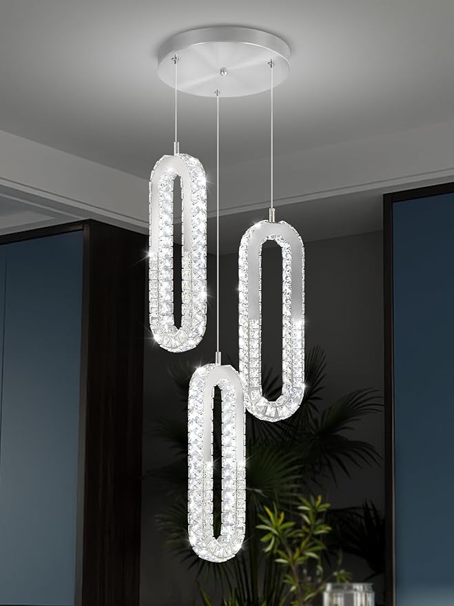 3-Light Modern Pendant Light for Kitchen Island Crystal Ring Chandelier Silver LED Pendant Lighting Fixture for Dining Room Kitchen Living Room Foyer Hallway Bedroom