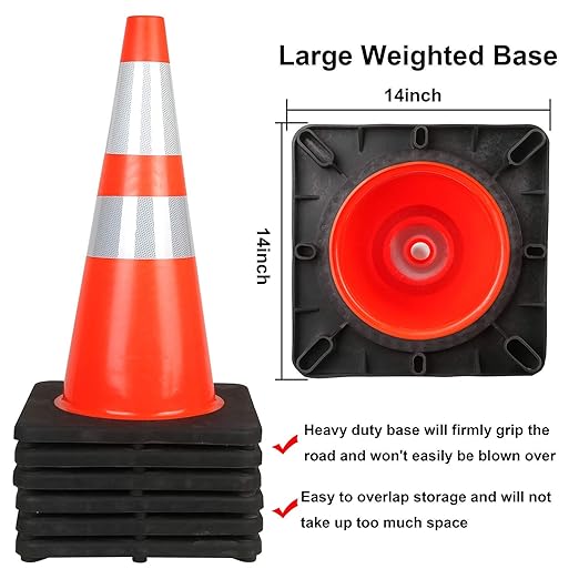 Reliancer 18PCS 28" Traffic Cones PVC Safety Road Parking Cones with Black Weighted Base w/6"&4" Reflective Collars Fluorescent Orange Hazard Cones Construction Cones for Traffic or Home Improvement
