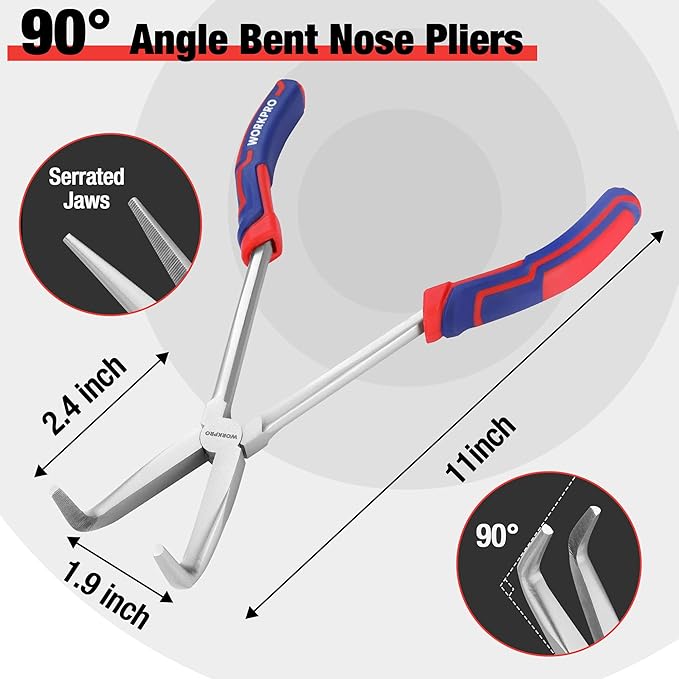 WORKPRO 3PC Long Reach Pliers Set, 11 Inch Extra Long Needle Nose Plier Set Includes Straight, 90° & 45° Bent Nose Plier, Pliers Tool Set for Narrow Spaces