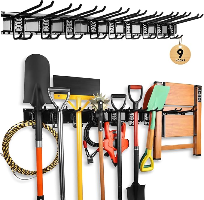 ELEAD 9-Pairs Heavy Duty Garage Tool Organizer Wall Mount Hooks, 48 Inches 730 lbs Garden Tool Organizer with Adjustable Hooks, Yard Tools Organizers for Garden, Yard, and Shed