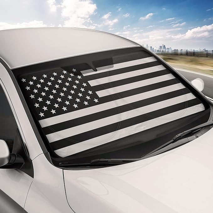Motor Trend USA Black American Flag Car Windshield Sun Shade for Front Window, Foldable Car Sun Shade with Patriotic Graphic, Collapsible Sun Visor Sunshade for Cars Windshield (Medium 65" x 33")
