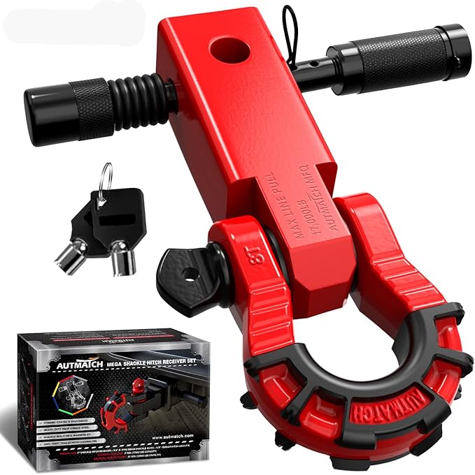 AUTMATCH Shackle Hitch Receiver 2" with 3/4" Mega D Ring Shackle and 5/8" Trailer Hitch Lock Pin, 68,000 Lbs Break Strength Heavy Duty Receiver Towing Kit for Off-Road Vehicle Recovery, Red