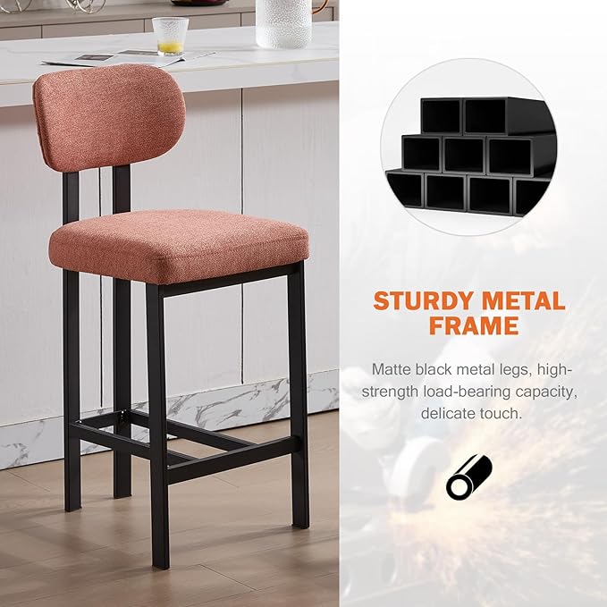 Modern Counter Stools Set of 2, 26" Upholstered Barstools with Back, Sturdy Black Metal Legs Dining Stools with Footrest for Home Pub Kitchen, Orange