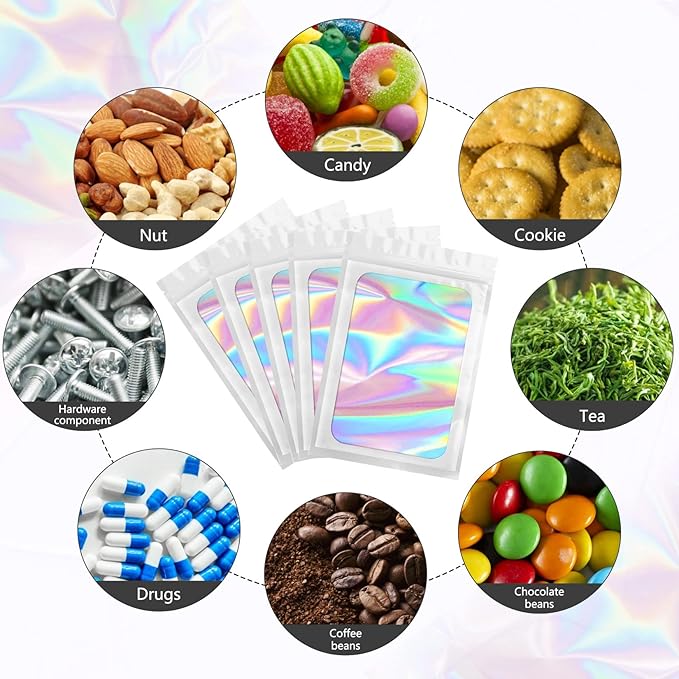 Funfery 100 pcs White Smell Proof Mylar Holographic Bags Packaging Bags,Clear Resealable Odor Proof Bag Foil Pouch Bag for Food Storage,Lipgloss,Jewelry,Lash Packaging for Small Business(3.5x6.3In)