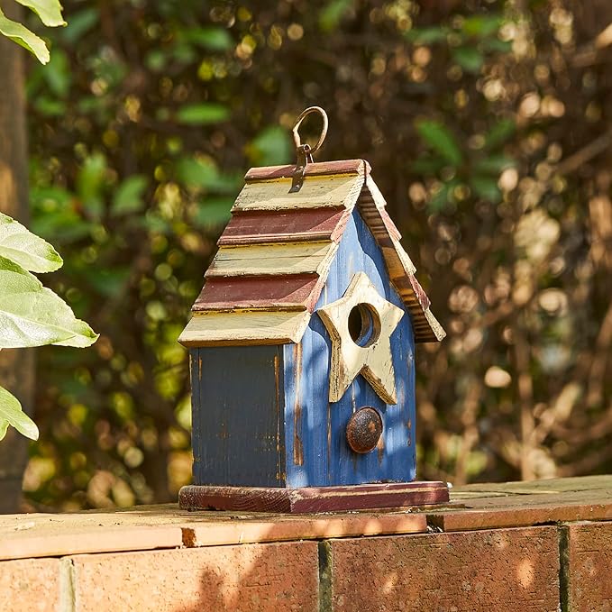 Glitzhome Rustic Patriotic Garden Distressed Wooden Decorative Bird House 9" H