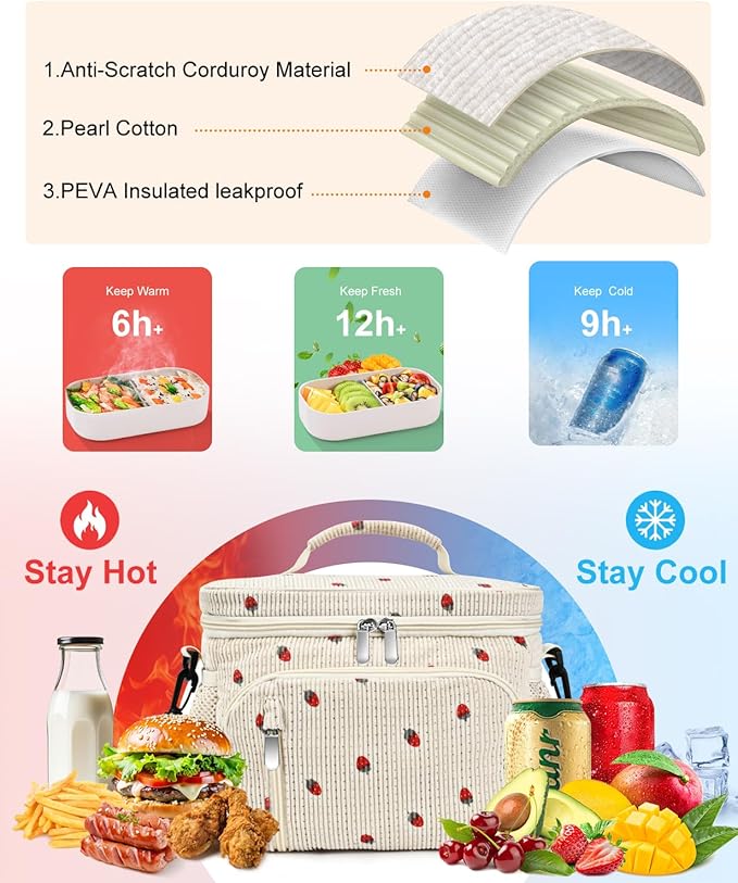 Insulated Lunch Bag for Men & Women - Leakproof Lunch Box Soft Cooler Tote, Adjustable Strap, Reusable Lunch Box for Work Office Picnic Beach Travel-Corduroy Strawberry