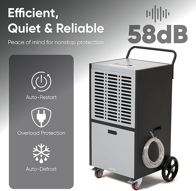 290 Pints Commercial Dehumidifier for Basements & Industrial Spaces – Built-In Pump, Drain Hose, Continuous Operation, 2-Speed Fan, 24000 Sq Ft Coverage
