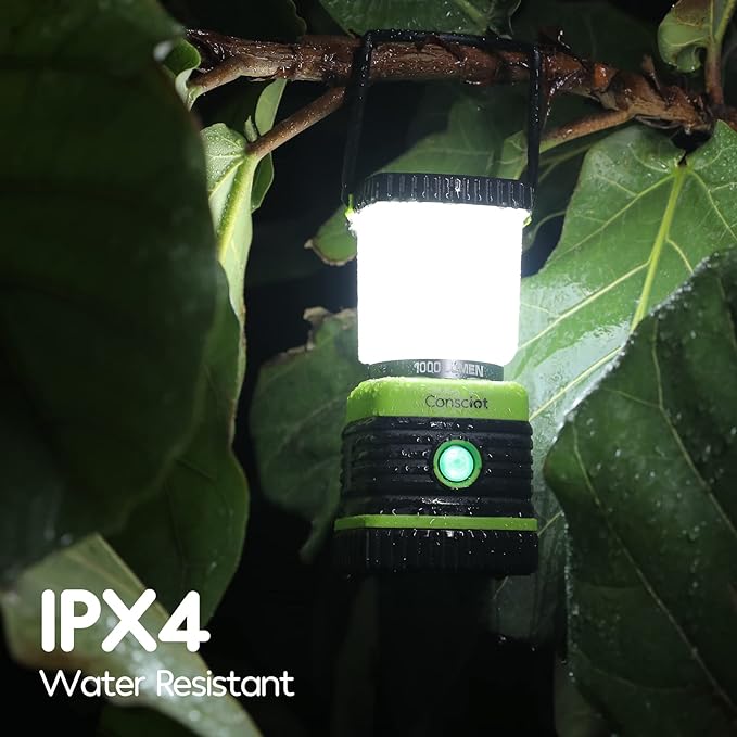 Consciot LED Battery Powered Camping Lantern, 1000LM, 4 Light Modes, IPX4 Waterproof Portable Tent Flashlight for Power Outages, Emergency, Hurricane, Hiking, Light Green, 2-Pack