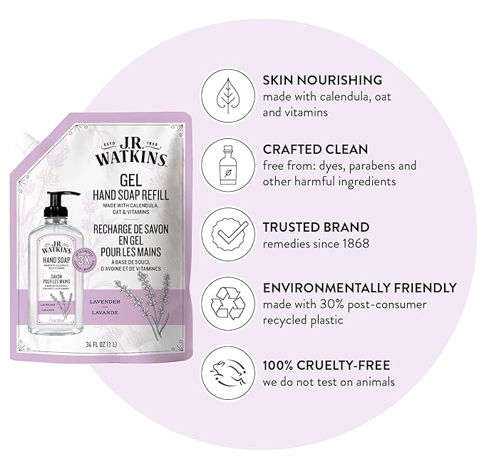 J.R. Watkins Gel Hand Soap Refill, Moisturizing Hand Wash, Formulated with Plant-Based Cleansers, Alcohol-Free, Cruelty-Free, Lavender, 34 Fl Oz, 2 Pack