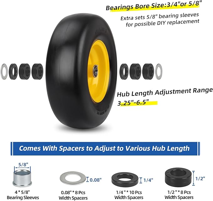 13x5.00-6 Flat Free Lawn Mower Tire and Wheel, Smooth Tread Tire for Lawnmower, Bearing Bore Hole 3/4" & 5/8, 3.25"-5.9" Centered Hub, 2 PCS