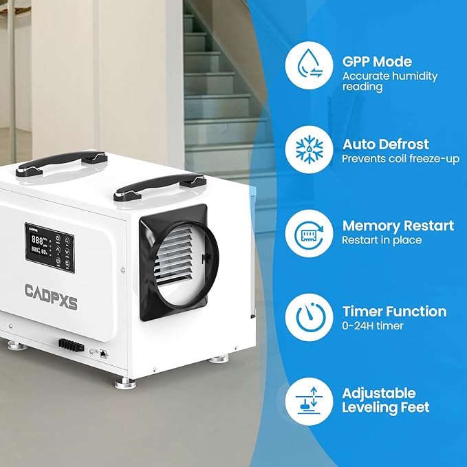 CADPXS Crawl Space Dehumidifier, 125 Pints Commercial Dehumidifiers with Drain Hose, Dehumidifier for Crawlspace, Basements & Water Damage Use, Auto Defrost & Memory Restart, cETL Listed