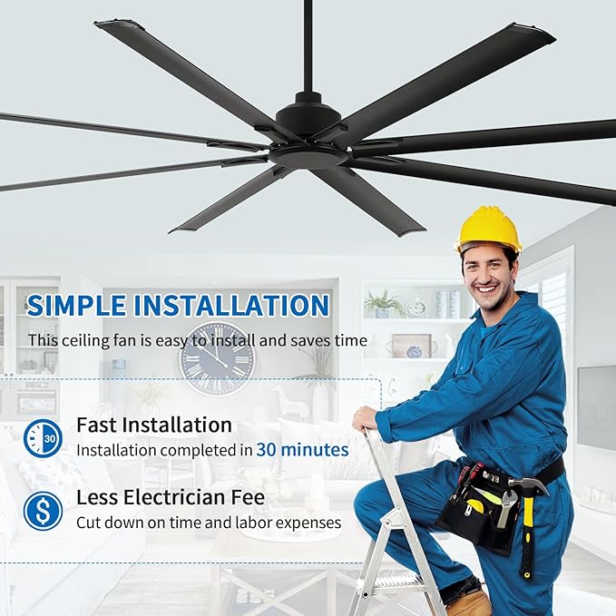 96 Inch Industrial Ceiling Fans without Lights，Large Ceiling Fan with 8 Reversible Aluminum Blades, 6-Speed Remote Control, Home or Commercial Ceiling Fan for Porch，Garage，Shop