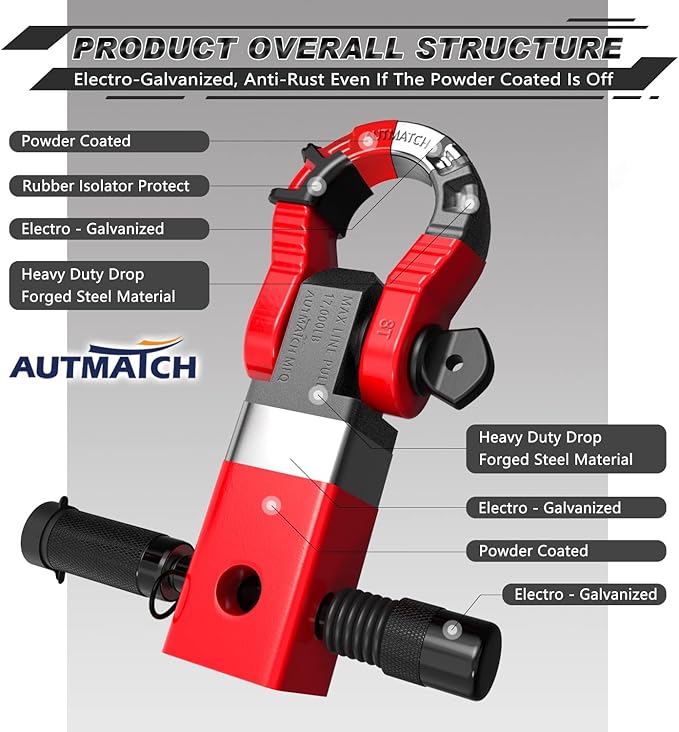 AUTMATCH Shackle Hitch Receiver 2" with 3/4" Mega D Ring Shackle and 5/8" Trailer Hitch Lock Pin, 68,000 Lbs Break Strength Heavy Duty Receiver Towing Kit for Off-Road Vehicle Recovery, Red