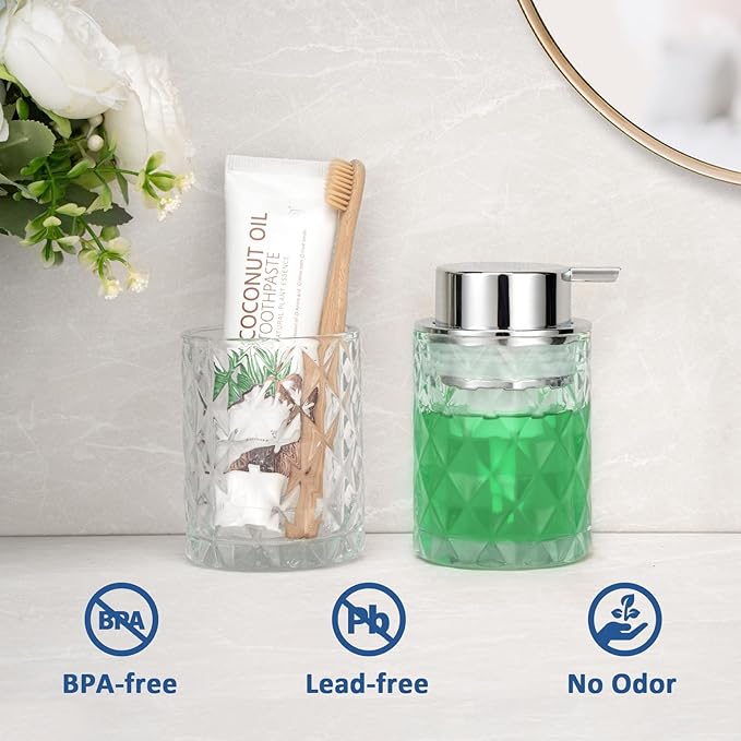 Bathroom Glass Soap Dispenser with Durable Rust-Proof Plastic Foam Pump Hand Lotion Dispenser Antislip Shampoo Kitchen 10oz