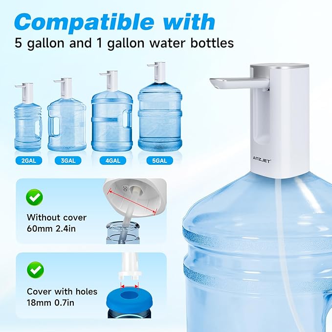 Water Dispenser for 5 Gallon Bottle with Digital Display, 4 Dispense Modes, Portable USB Charging Electric Water Pump, Foldable Spout, Food-Grade Water Jug Pump for Home, Office, RV, Campin(White)