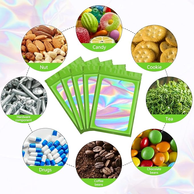 Funfery 100 pcs Green Smell Proof Mylar Holographic Bags - Clear Window Sealing Resealable Odor Proof Bag with Zipper for Food Storage,Gloss, Lash, Jewelry Packing,Small Buisness(6.3x9.4In)