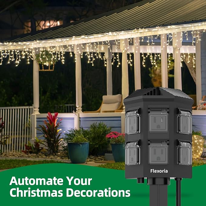 Outdoor Power Stake Timer, Remote Control Dusk to Dawn Light Timer, 60FT Extension Cord Waterproof, 6 Grounded Outlets for Outdoor Christmas Decorations, ETL Listed