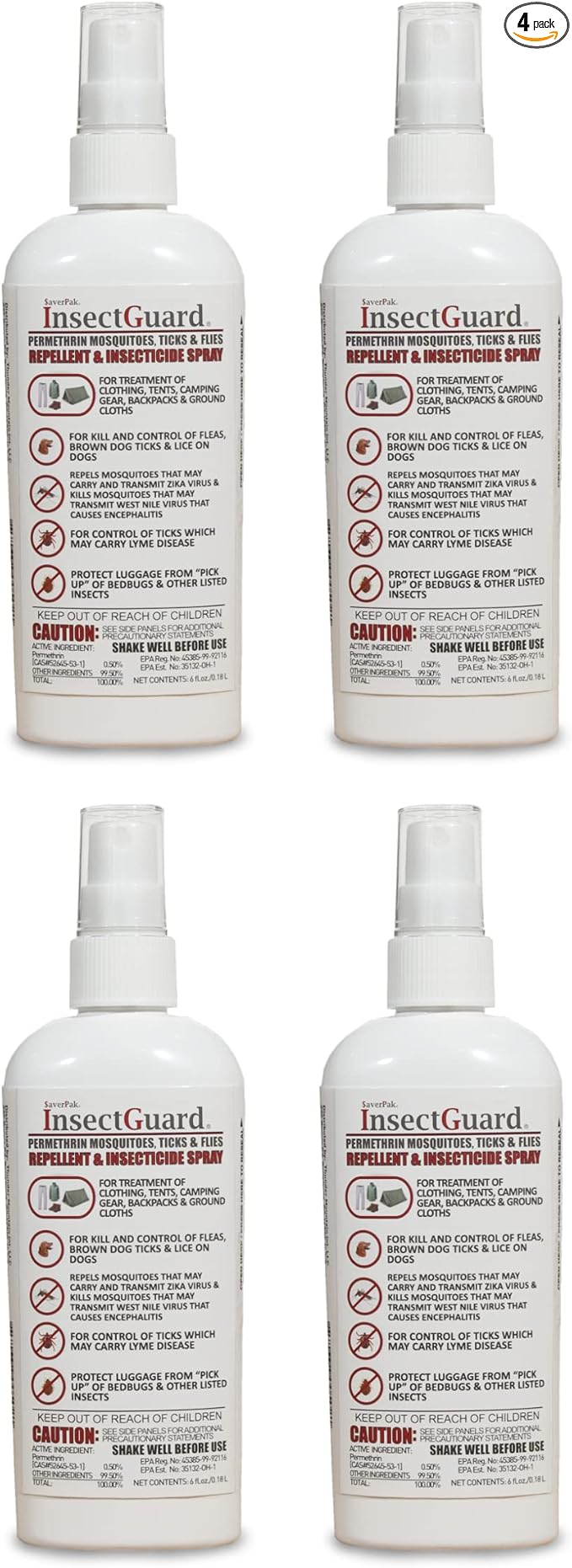 InsectGuard Permethrin Mosquitoes, Ticks and Flies Repellent & Insecticide Spray (6oz) 4 Pack