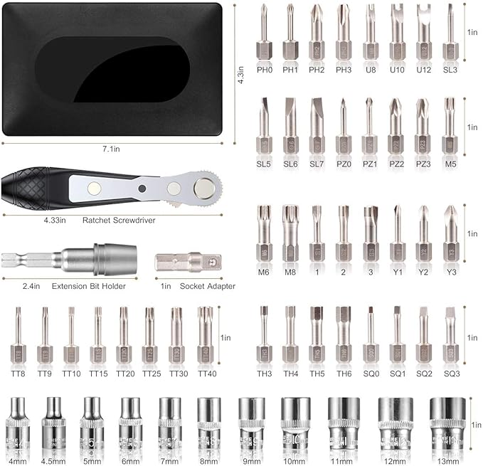 54in1 S2 Steel Mini Ratchet Wrench Screwdriver Bit Set with 1/4" Hex Shank Bits, 1/4" Drive Socket, Socket Adapter, Extension Bit Holder, 36-Tooth, 90 Degree Offset Reversible Drive Handle