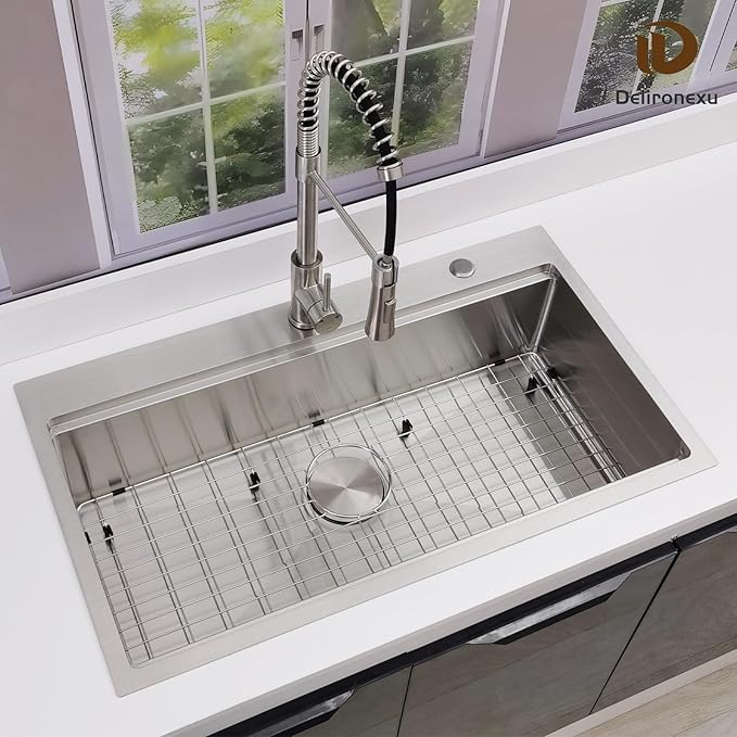 33x19 Drop In Kitchen Sink - Delironexu 16 Gauge Stainless Steel Sinks, 33 Inch Drop In Kitchen Sink Single Bowl, Top Mount Workstation Sinks with 6 Accessories Package