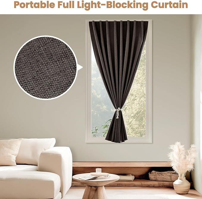 JILROIN Self Adhesive Curtains,100% Blackout Window Cover,No Drilling,Easy to Install,Provides Privacy Protection for Bedrooms (Dark Coffee - W35 × L72 in)
