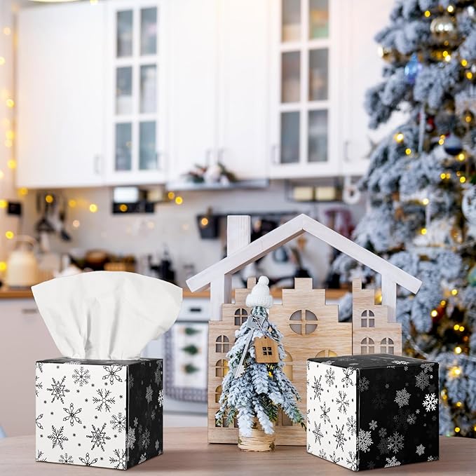 Bencailor 12 Pack Snowflake Facial Tissues Cube Boxes Winter Christmas Tree Square 600 Sheets 3 Ply Small Tissues Cube Boxes for Home Car Accessories(Black and White,Snowflake)