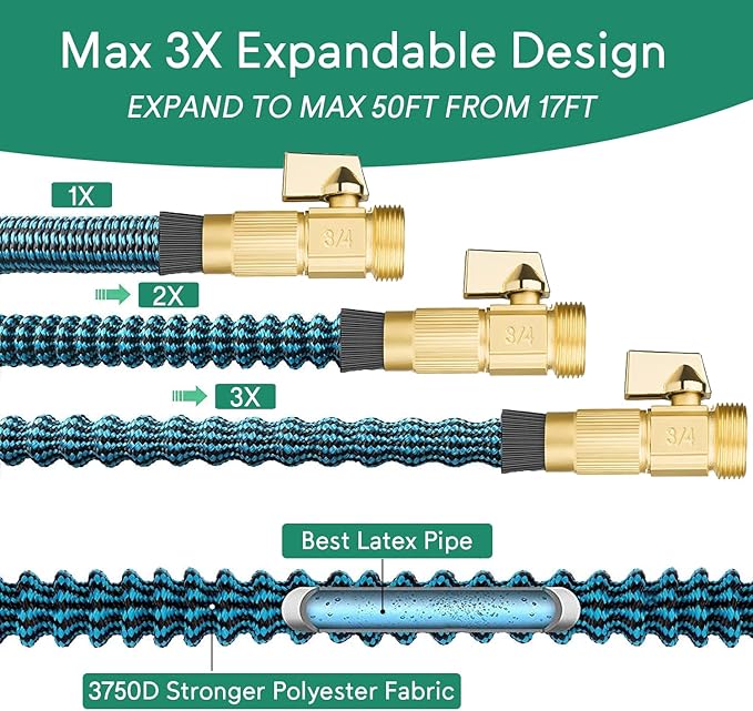 Expandable Garden Hose 50 ft, 2025 New No Kink Flexible Water Hose 50ft with 10 Pattern Spray Nozzle, Extra Strong Brass Connectors, Reinforced Expanding Latex Core, Ultra Lightweight & Collapsible