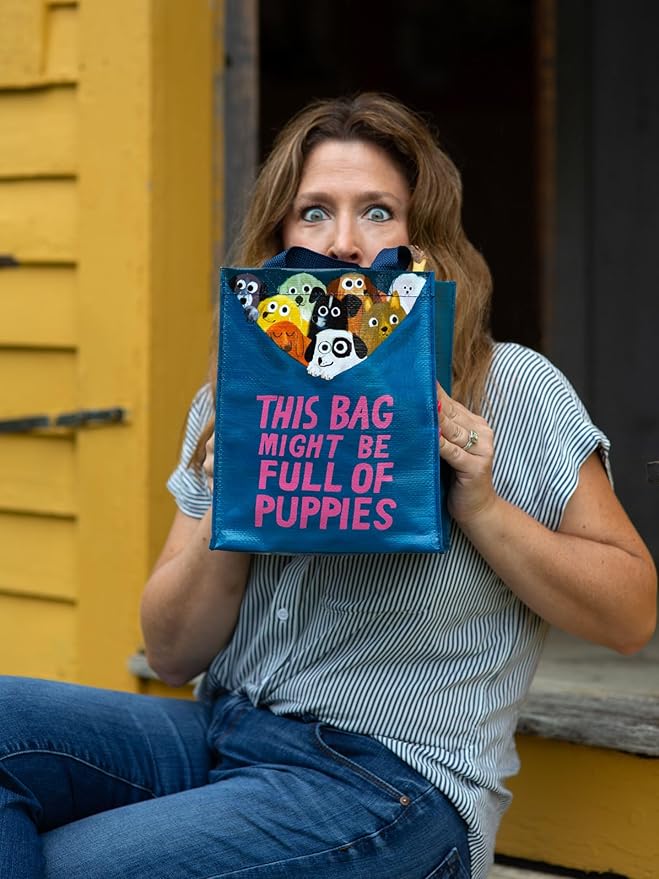 Blue Q Handy Tote, This Bag Might be Full Of Puppies. Reusable lunch sack, little gift bag, easy-to-wipe-clean, 95% recycled material, 10" h x 8.5" w x 4.5" d