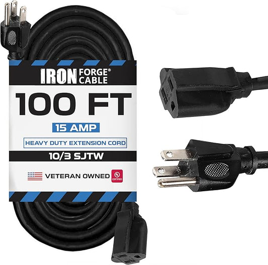 Iron Forge Cable 100 ft Outdoor Extension Cord - 10/3 SJTW Heavy Duty Black Extension Cable with 3 Prong 15 AMP Grounded Plug for Safety
