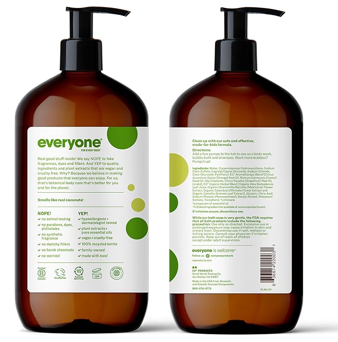 Everyone 3-in-1 Kids Soap, Body Wash, Bubble Bath, Shampoo, 32 Ounce (Pack of 2), Tropical Coconut, made with Essential Oils for Toddlers, tweens and teens