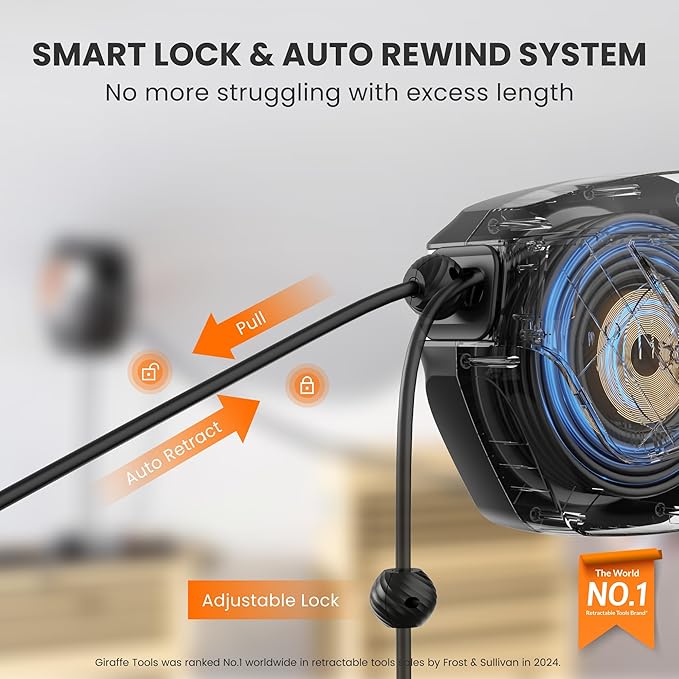 Giraffe Tools Retractable Power Cord Reel, 50ft 12AWG/3C SJT Heavy Duty Extension Cord Storage Reel Wall/Ceiling Mount for Garage with Lighted Triple Tap