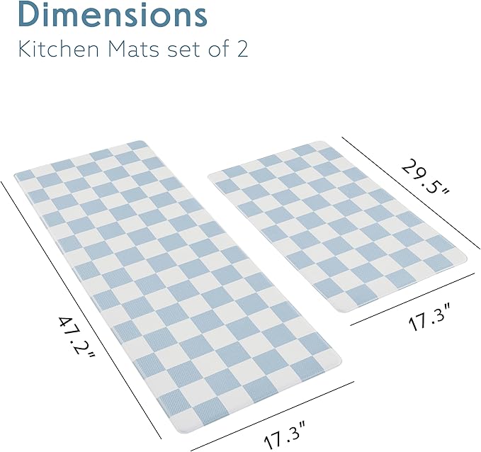 Blue Checkered Kitchen Mats for Floor Set of 2, 2 Pcs Cushioned Non Slip Runner Rugs for Kitchen/Sink/Laundry, Comfort Aesthetic Cute Anti-Fatigue Foam Floor Mat 17.3"x29.5"+17.3"x47.2"