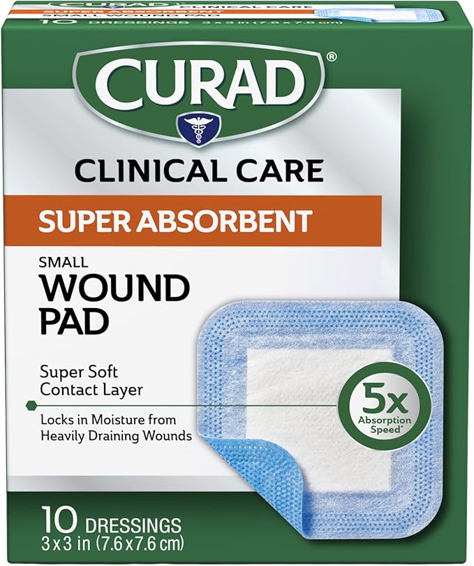 Curad Super Absorbent Wound Pad, Non Adhesive Gauze Pad for Wound Care, Water-Repellent Bandage for Wounds, Wound Care and Dressing Supplies, Small, 3"x3", 10 Count