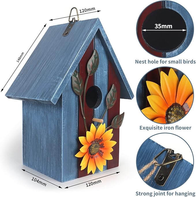 Birdhouse,Nesting Boxes for Birds, Rustic Wooden Flower Nesting Box for Birds for Outdoors, Hanging Bridal House for Garden Decoration, Blue