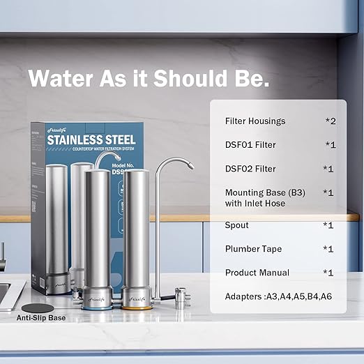 Frizzlife DS99 Countertop Water Filter System, NSF 42&372 Certified 8-Stage Stainless Steel Water Filter for Sink Faucet, 0.5 Micron Filter Reduces 99.99% Lead, Chlorine, Heavy Metals, Bad Taste&Odor