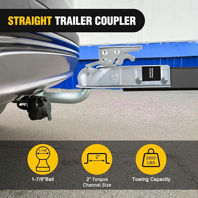 Nilight Straight Trailer Coupler with Security Latch&Chain for 1-7/8 Inch Hitch Ball, 2-Inch Channel,2000 LBS, Heavy Duty Trailler Tongue Coupler for Station Wagon, Truck, Bolted & welded installation