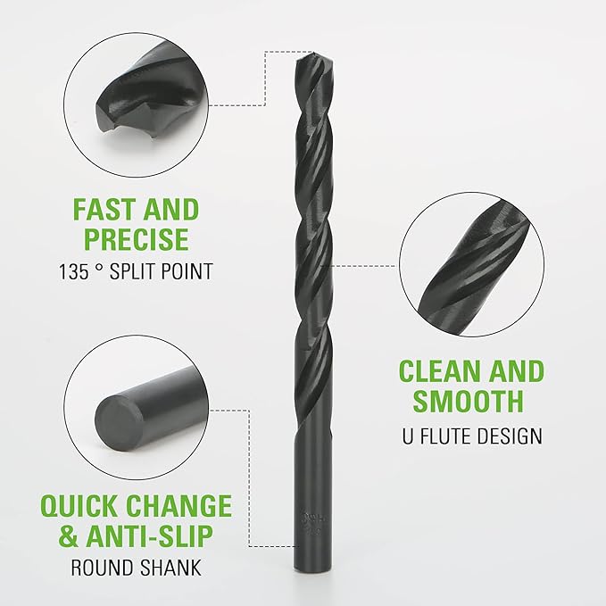 Greenworks 14 Pcs Black Oxide Drilling Bit Set,135 Degree Split Point, Black Oxide Coated, For Plastic, Wood and Metal