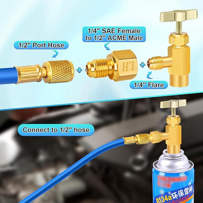 Boltigen R1234YF Refrigerant Tank Adapters, R12 to R1234YF Adapter Connector, 1/2 LH to 1/4 Flare R1234YF Vacuum Pump Adapter Fittings with Valve Core Remover