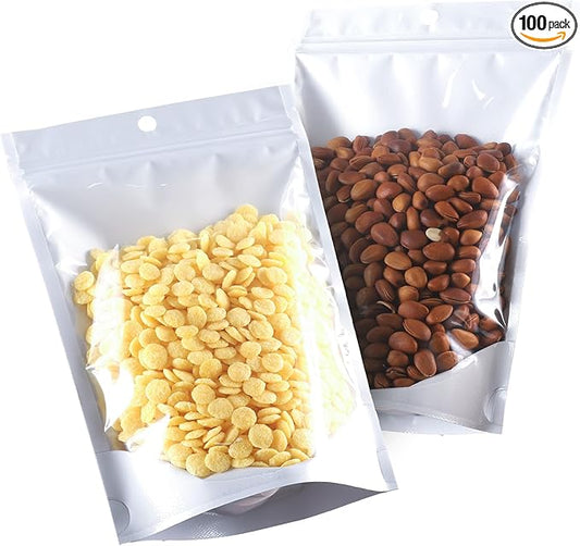 Mylar Bags for Food Storage 7.1 * 10.2, 100 PCS Clear Front Aluminum Resealable Bags for Small Business, Sealable Bag for Packaging with Guset White