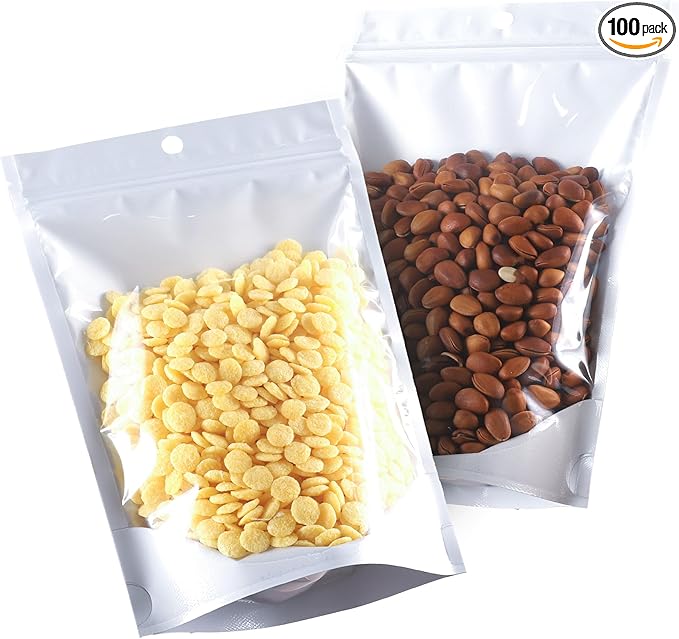 Mylar Bags for Food Storage 6.3 * 9.4, 100 PCS Clear Front Aluminum Resealable Bags for Small Business, Sealable Bag for Packaging with Guset White