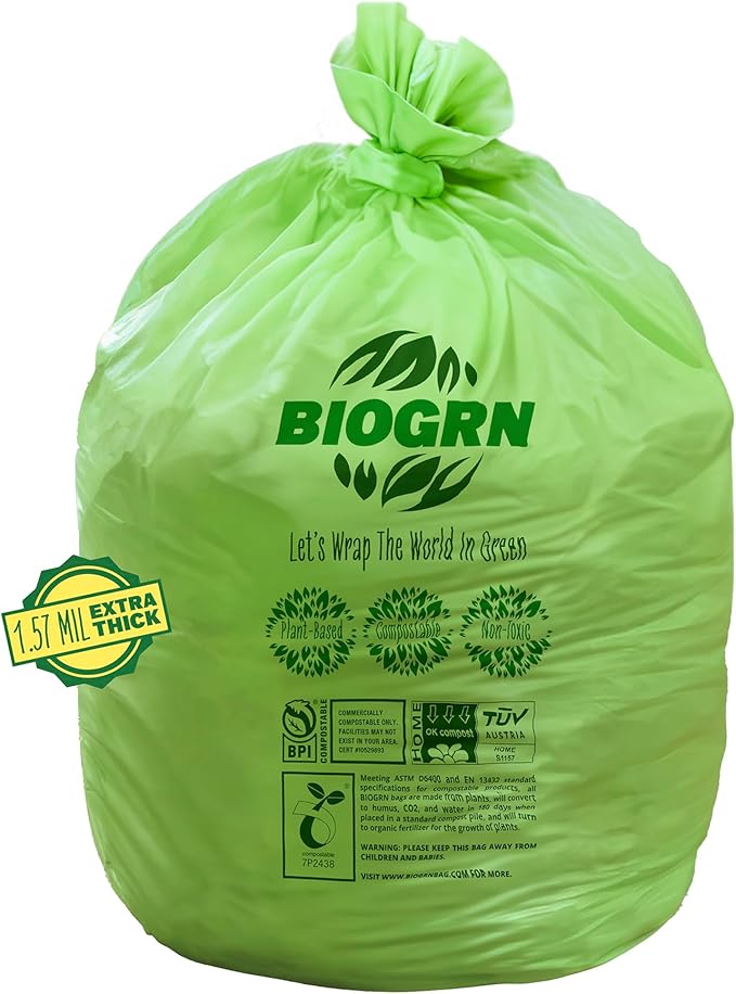 30-33 Gallon Compostable Trash Bags Flat-Top 30 Bags Heavy Duty1.57 Mil, 124.92 Liter Large Lawn and Yard Waste Bag green for Outdoor Garden ASTM D6400, US BPI and OK Compost Home Certified